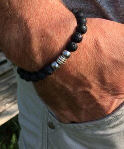 Bracelet pierre de lave, hématite et métal argenté