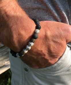 Bracelet pierre de lave et jaspe lotus, métal couleur bronze