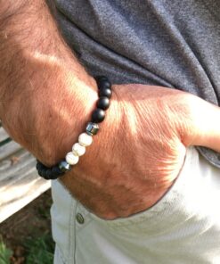 Bracelet onyx mat noir, howlite et hématite