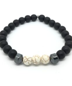 Bracelet onyx mat noir, howlite et hématite