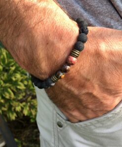 Bracelet pierre de lave, jaspe et métal couleur bronze