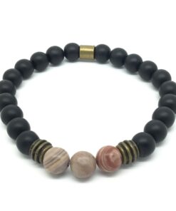 Bracelet onyx noir, agate et métal couleur bronze