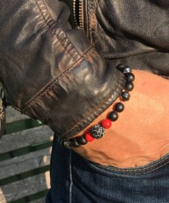 Bracelet onyx mat, corail bambou, hématite et agate toile d'araignée