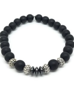 Bracelet onyx mat, hématite et métal argenté