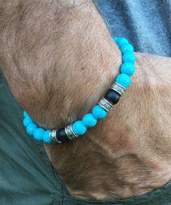 Bracelet howlite turquoise, onyx mat et métal argenté