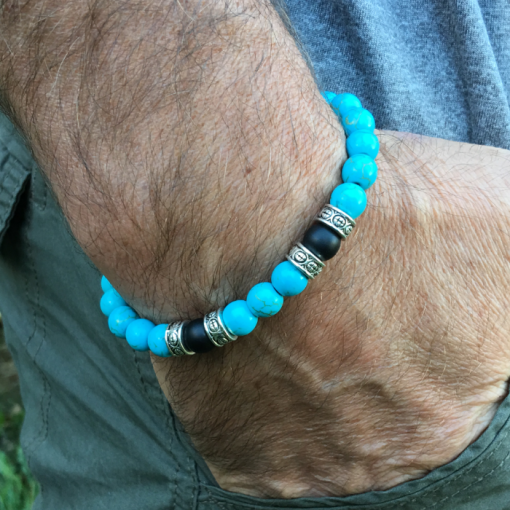 Bracelet howlite turquoise, onyx mat et métal argenté