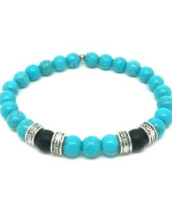 Bracelet howlite turquoise, onyx mat et métal argenté