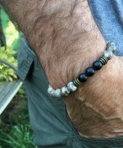 Bracelet jaspe léopard, onyx mat et métal couleur bronze