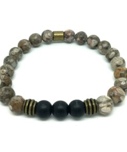 Bracelet jaspe léopard, onyx mat et métal couleur bronze
