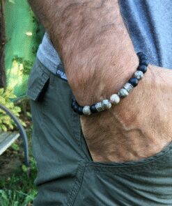 Bracelet jaspe léopard, onyx mat et métal argenté