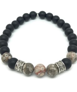 Bracelet jaspe léopard, onyx mat et métal argenté