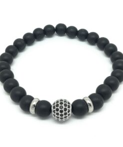 Bracelet onyx mat, zircon rhodié et acier inoxydable