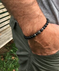 Bracelet onyx mat, zircon rhodié et acier inoxydable