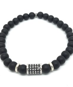 Bracelet onyx mat, zircon rhodié et acier inoxydable