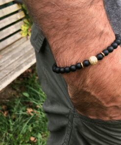Bracelet onyx mat noir, zircon rhodié et acier inoxydable