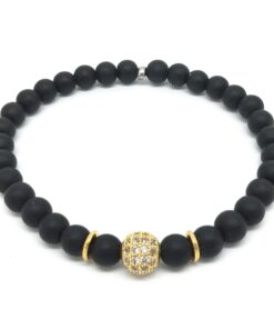 Bracelet onyx mat noir, zircon rhodié et acier inoxydable