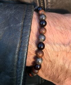 Bracelet en jaspe gris, jaspe léopard rouge et oeil de taureau