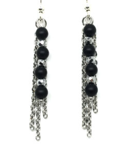 Boucle d'oreille femme chaines acier inoxydable, perle onyx mat noire et perle en hématite de 2mm