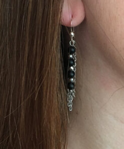 Boucle d'oreille femme chaines acier inoxydable, perle onyx mat noire et perle en hématite de 2mm