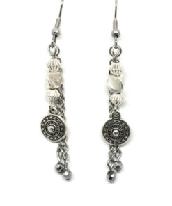Boucles d'oreilles femme en chaine acier inoxydable, pendentif métal et perle hématite