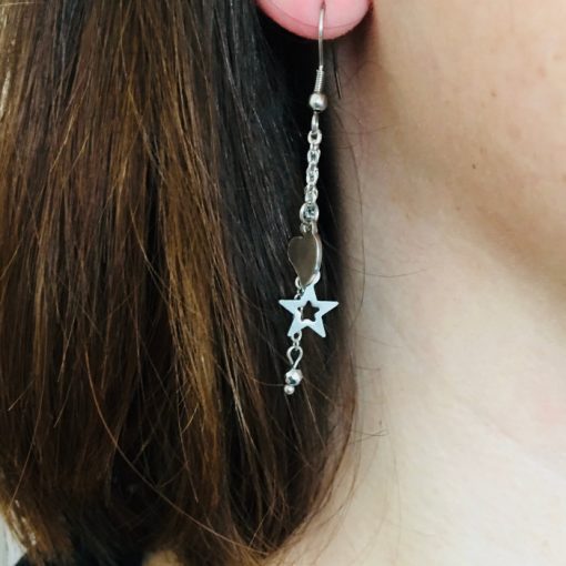 Boucles d'oreilles avec chaine et pendentifs étoile, coeur en acier inoxydable