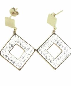Boucle d'oreille acier couleur or carré 2 rangs strass